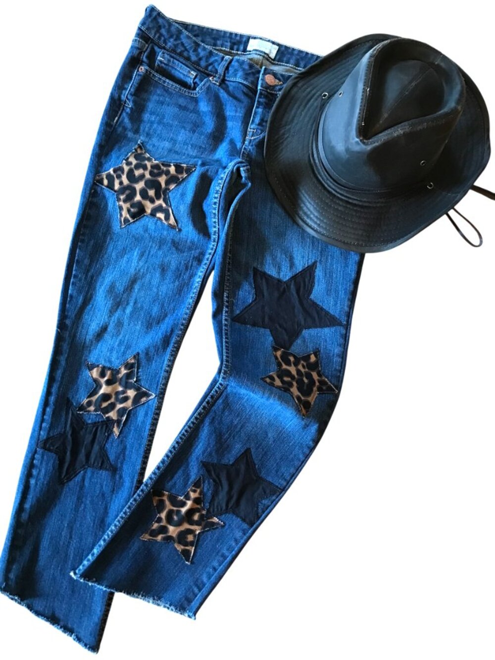 Reworked Star Patch Cropped Jeans Upcycled Leopard Print Patchwork Sz 5 Junior